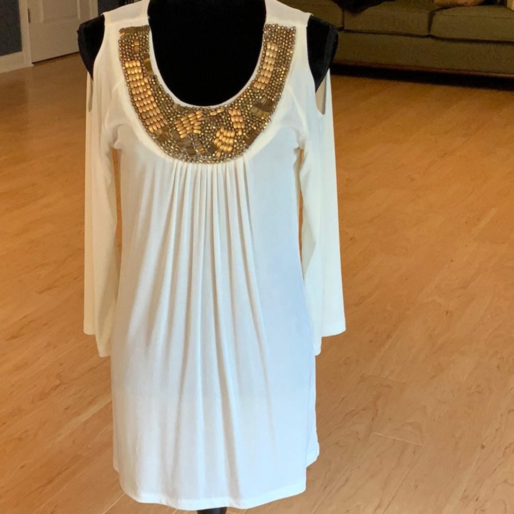 NEW Slinky Cold Shoulder Dress with Gold Beaded Embellishments